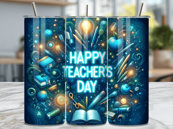 Blue Happy Teacher Day Tumbler Wrap PNG Review