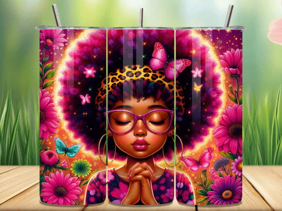 Pink Afro Girl Prayer Tumbler Wrap PNG